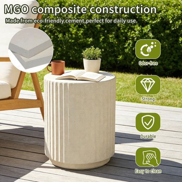 English Elm U_style Mgo Cylinder Accent Table Wave Ribbed Concrete Look Patio or Indoor Plant Stand Beige N711P422078A