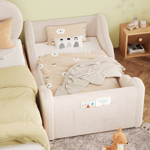 English Elm Toddler Floor Bed Velvet Upholstered Cloud Frame with Safety Rails and Storage Pocket N899P452412A