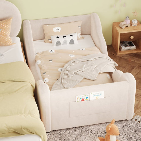 English Elm Toddler Floor Bed Velvet Upholstered Cloud Frame with Safety Rails and Storage Pocket N899P452412A