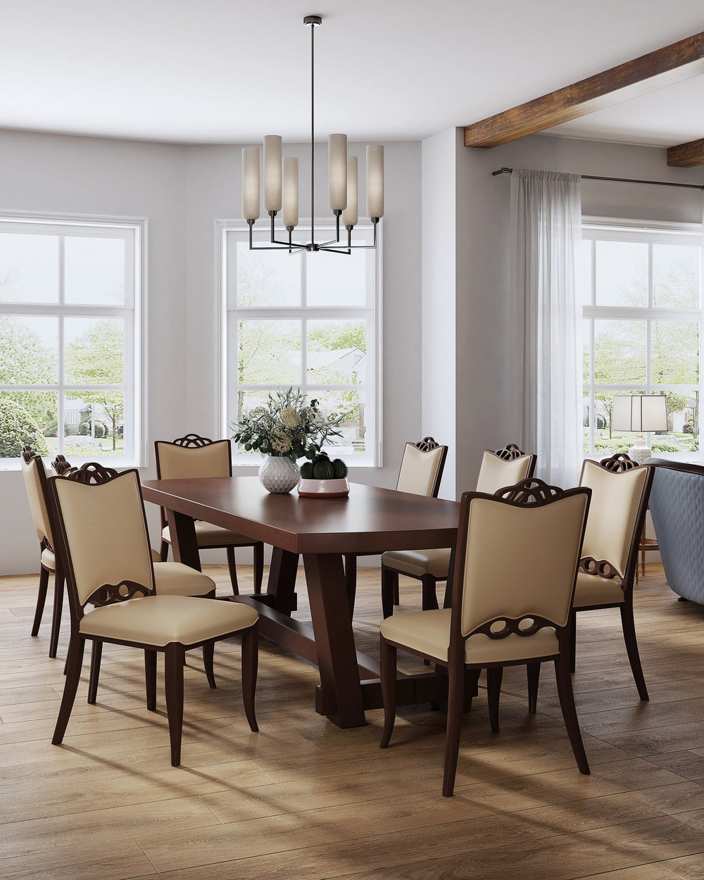 English Elm Regent Wood Vegan Leather Dining Chair Cream Set of 2 — Solid Beech Frame, Foam-Padded, Walnut Finish, 300 lb Capacity, Fully Assembled B365P397807