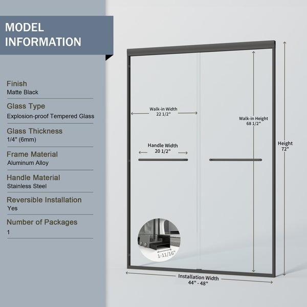English Elm 44-48 in Semi-frameless Bypass Sliding Shower Door Tempered Glass Alcove Enclosure Matte Black W1573P239433