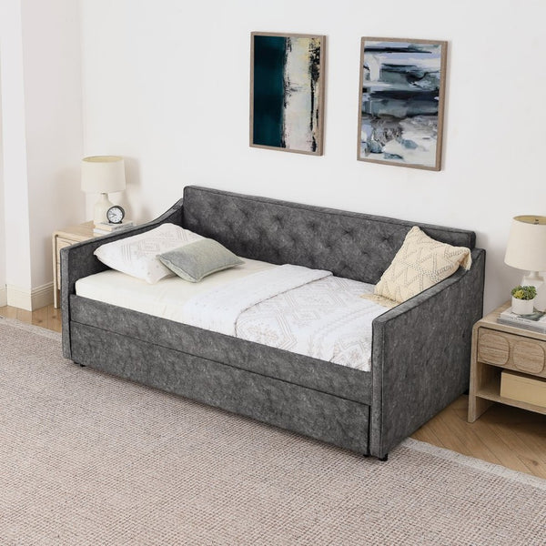 English Elm Twin Linen Tufted Daybed with Pop up Trundle and Usb Port for Guest Rooms Grey W1413S00128