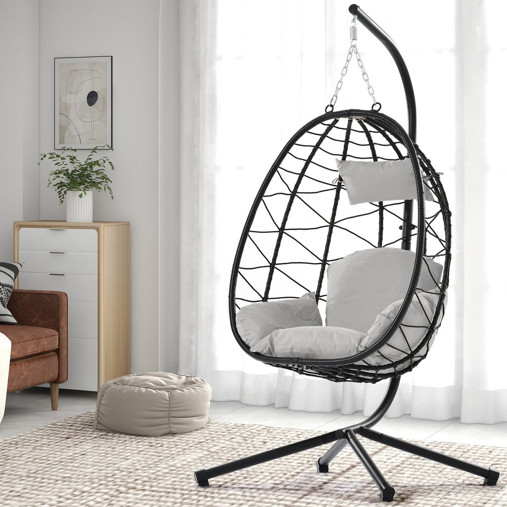 English Elm Egg Rattan Hanging Chair with Stand – All-Weather PE Wicker Swing Seat, Cozy Cushion, 350lb Capacity Light Gray W874106467