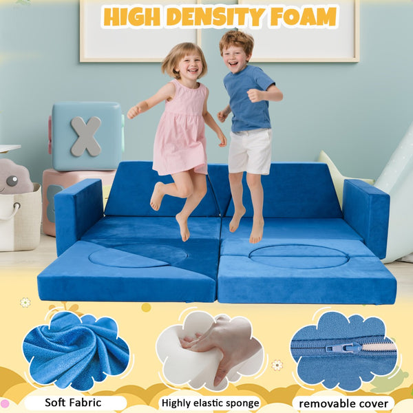 English Elm 15pcs Modular Toddler Play Couch Set Velvet Foam Fort Building Playroom Seating Blue T5880P493413