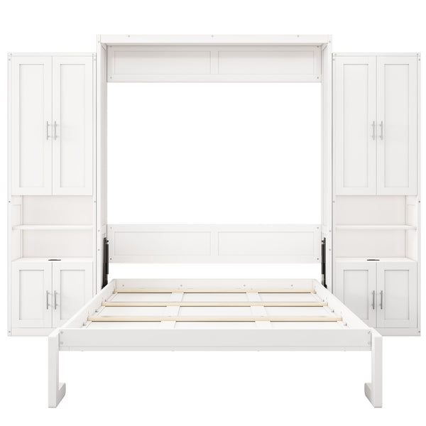 English Elm Full Murphy Bed with Desk & 2 Bookshelves, USB Ports, Adjustable Shelves, 600LB Capacity White BS7013008109C