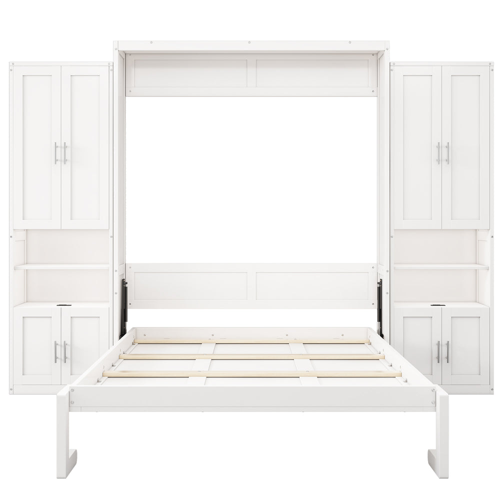 English Elm Queen Murphy Bed with Desk & Dual Bookshelves, White 68" Wall Bed, USB Charging, 600lb Capacity BS7013008104C