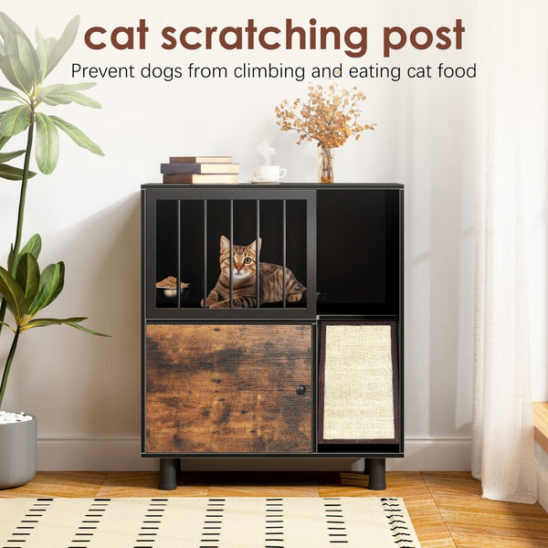 English Elm Cat Feeding Station with Lockable Storage Scratching Board and Elevated Steel Bowls W1687P232351