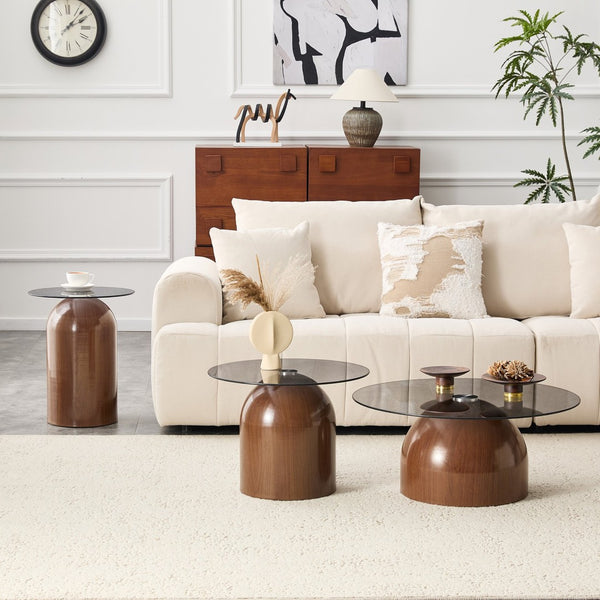 English Elm Nesting Coffee Tables Set of 3 Round Tempered Glass Tops Walnut Steel Base Living Room W2920S00149