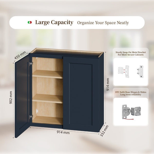 English Elm Navy Shaker Solid Wood Wall Cabinet with Soft Close Doors for Kitchen or Bath T2950P479972