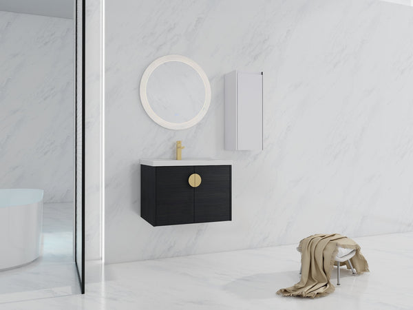 English Elm 28" Wall-Mounted Bathroom Vanity With Ceramic Sink & Side Cabinet – Space-Saving, Soft-Close Doors! W999S00327
