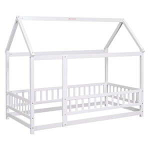 English Elm Twin House Bed Floor Frame Solid Rubberwood Guardrails Playhouse Nook for Kids W504P470124