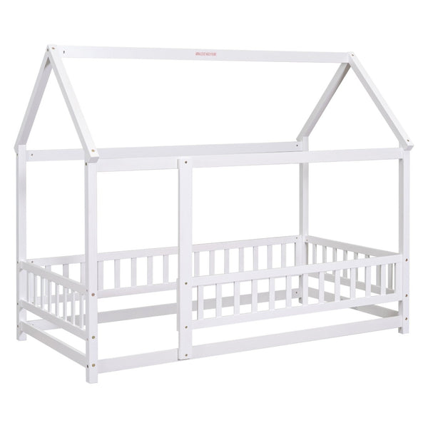 English Elm Twin House Bed Floor Frame Solid Rubberwood Guardrails Playhouse Nook for Kids W504P470124