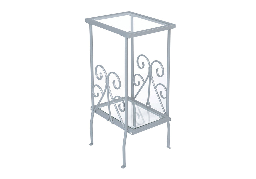 English Elm Accent Two-Tier Tempered Glass End Table with Silver Grey Metal Frame and Elegant Scroll Accents, 30" B2710P219207