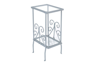 English Elm Accent Two-Tier Tempered Glass End Table with Silver Grey Metal Frame and Elegant Scroll Accents, 30" B2710P219207