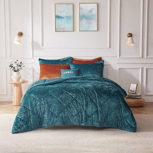 JLA Home Intelligent Design - Velvet Quilted Diamond Comforter Set with Oblong Pillow - Luxurious Crushed Velvet, Hypoallergenic Warmth Teal ID10-1905