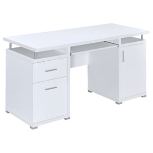 English Elm 1pc Modern 55-inch Computer Desk with Slide-Out Keyboard Tray, Adjustable Shelf & File Drawer, Silver Accents White 59.84 L x 26.97 W x 9.25 H B011P361982