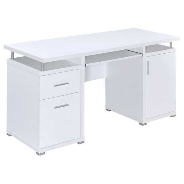 English Elm 1pc Modern 55-inch Computer Desk with Slide-Out Keyboard Tray, Adjustable Shelf & File Drawer, Silver Accents White 59.84 L x 26.97 W x 9.25 H B011P361982