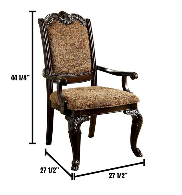 English Elm Formal Brown Cherry Arm Chairs Set of 2 — Solid Wood, Damask Upholstered Seats, Carved Detail, 44"H B011P287533