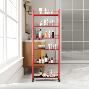 English Elm Red 6-Tier Rolling Cart Slim Slide-Out Storage Tower with Wheels, Lockable, Heavy-Duty Metal Rack W2167P195981