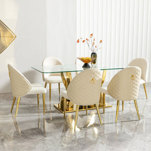 English Elm Luxury Gold Pvd Steel Rectangular Dining Table with Black Tempered Glass Seats Six W2723S00084