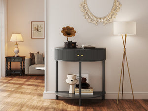 English Elm Artisan-crafted Demi-lune Console Sculptural Wave Drawers Vanilla Lacquer Hallway Accent Dark Gray W2557P329371
