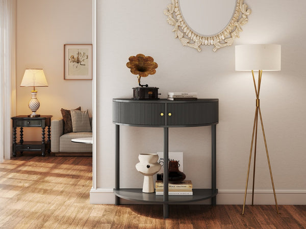 English Elm Artisan-crafted Demi-lune Console Sculptural Wave Drawers Vanilla Lacquer Hallway Accent Dark Gray W2557P329371