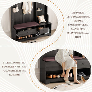 English Elm Multi-purpose Hallway Hall Tree with Linen Cushion Bench, Pegboard, Hooks, Drawers & Shoe Storage Black W757P196822