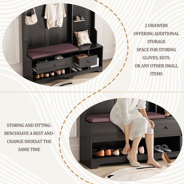 English Elm Multi-purpose Hallway Hall Tree with Linen Cushion Bench, Pegboard, Hooks, Drawers & Shoe Storage Black W757P196822