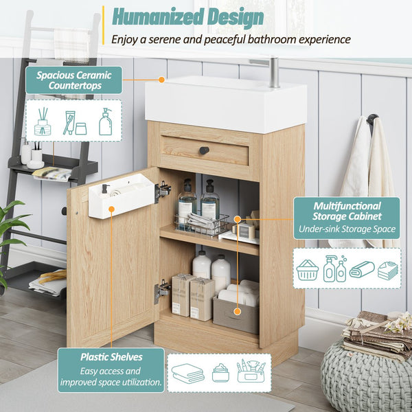 English Elm 18.5" Rustic Bathroom Vanity with Reversible Resin Sink, Wood Grain Melamine, Soft-Close Door, Adjustable Shelf N729P285512N