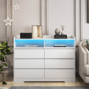 English Elm 6 Drawer Dresser with RGB LED Backlight, White Modern 6-Drawer Chest with Anti-Tip Kit for Bedroom W132166406