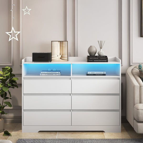 English Elm 6 Drawer Dresser with RGB LED Backlight, White Modern 6-Drawer Chest with Anti-Tip Kit for Bedroom W132166406