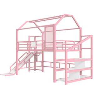 English Elm Full Full House Loft bed with Slide and Stairs, Metal House Play Loft with Storage Shelves and Quiet Design Pink W1580S00351