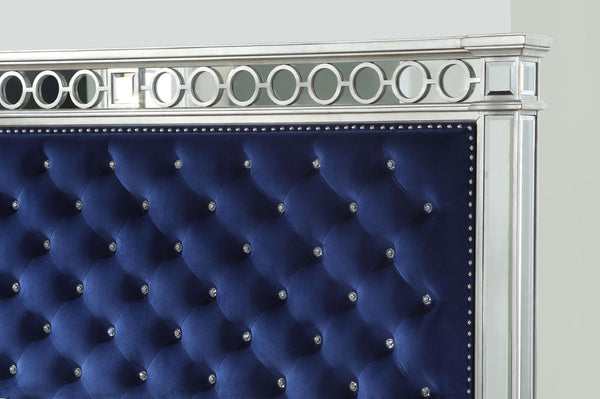English Elm Varian Queen Bed Blue Velvet Tufted Frame with Mirrored Panels Geometric Glam Detail B2726S00575