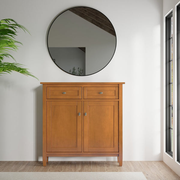 English Elm Warm Shaker Solid Wood Entryway Cabinet with Drawers and Adjustable Shelves in Golden Brown B136P436045