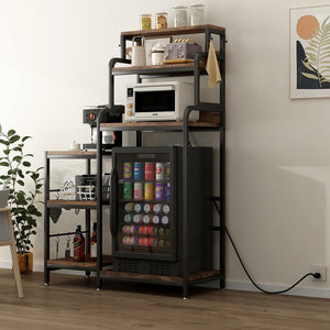 English Elm Multifunctional 7-Tier Mini Fridge & Microwave Stand, Walnut Brown with 2 AC/2 USB Outlets, Heavy-Duty Storage Rack for Kitchen, Dorm, Living Room W2641P383931