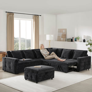 English Elm 117*90'' Modular Sectional Sofa Bed with Flip-Up Table, Reading Lamps, Charging Ports, Ottoman Storage, Tufted Chenille Elegance Black N723S9798B
