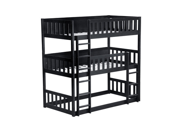 English Elm Twin Triple Rubberwood Bunk Bed with Ladders & Guardrails, Space-Saving Modular Design for Families Black W504S00173