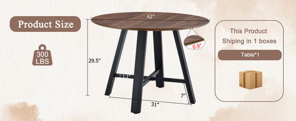 English Elm Modern 42" Round Dining Table - Dark Walnut MDF Grain Top, Black Metal Cross Legs, Sturdy 29.5" Height W1512P389447
