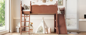 English Elm Twin Loft Bed Solid Pine Frame with Wardrobe Shelving Detachable Slide Kids Room Antique Natural W5305S00025