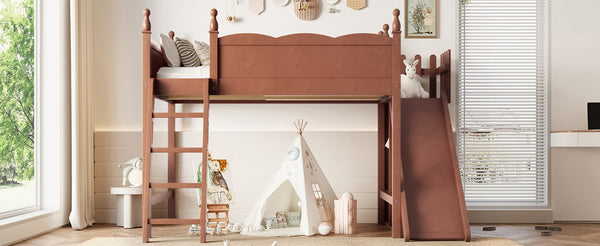 English Elm Twin Loft Bed Solid Pine Frame with Wardrobe Shelving Detachable Slide Kids Room Antique Natural W5305S00025