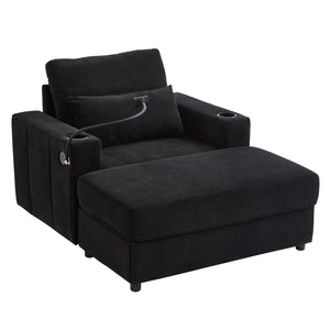 English Elm Modern Multifunctional Armchair with Chaise Lounge, Hidden Ottoman Storage, USB Ports & Cup Holders Black N719P292700B