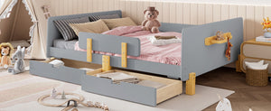 English Elm Twin Low Profile Kids Floor Bed Pine Wood Frame with Safety Rail and Built in Bookshelf Gray W1580P373246