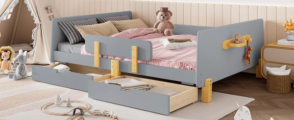 English Elm Twin Low Profile Kids Floor Bed Pine Wood Frame with Safety Rail and Built in Bookshelf Gray W1580P373246