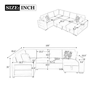 English Elm 109" U-Shaped Sectional Sofa Pull-Out Sofa Bed With Two Usb Ports, A Storage Chaise Lounge and Four Back Pillows For Living Room, Beige