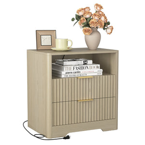 English Elm Nightstand Wood Cabinet with Built-in Usb Charging Ports and Voice Controlled Night Light W1321P399415