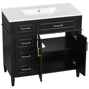 English Elm 36 Inch Freestanding Bathroom Vanity Sage Pine Cabinet Gold Hardware Ceramic Sink Black N725P366466B