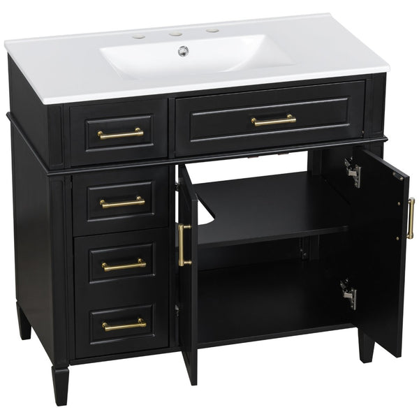 English Elm 36 Inch Freestanding Bathroom Vanity Sage Pine Cabinet Gold Hardware Ceramic Sink Black N725P366466B