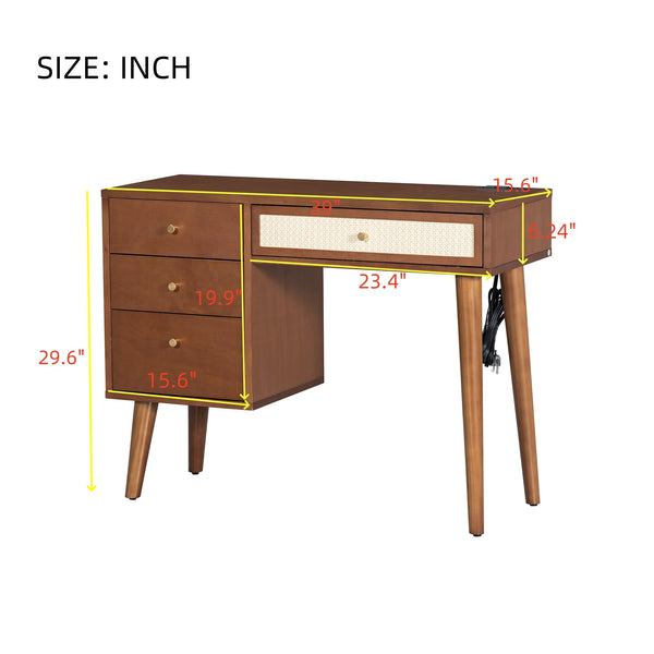 English Elm 39" Retro Bohemian Makeup Vanity Set with Rattan Drawers, USB Charging Port, Cushioned Stool, 4-Drawer Storage Walnut 44.1 L x 18.75 W x 10.5 H N733P180011D