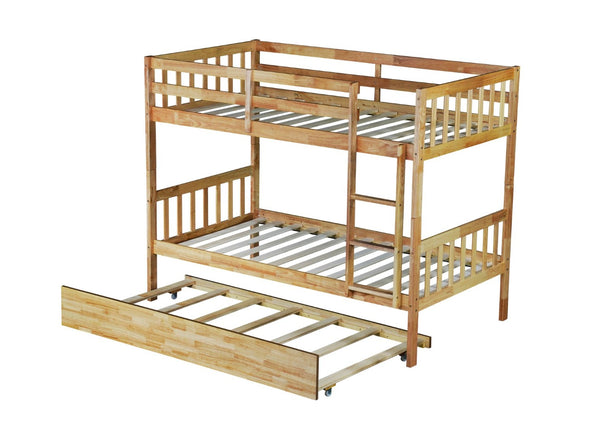 English Elm Twin Over Twin Bunk Bed With Trundle - Versatile Rubberwood Design, Safety Guardrails, Rustic Oak Finish W504S00159-GIGA