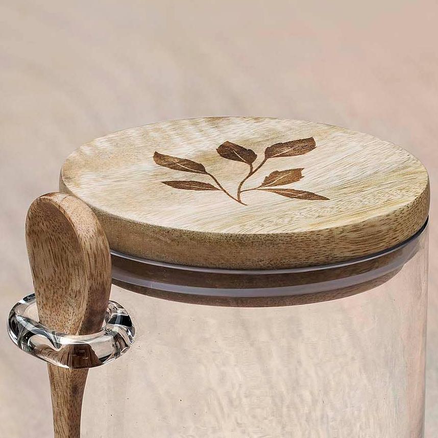 English Elm Kitchen Glass Storage Jar with Wooden Lid & Spoon, 1.1kg Capacity, Clear Ergonomic Design for Tea Coffee Sugar Organization and Stylish Countertop Appeal B346P327301